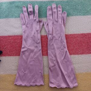 Van Raalte Size 6 Vintage Long Lilac Wedding Gloves Embroidered Flowers 1950s